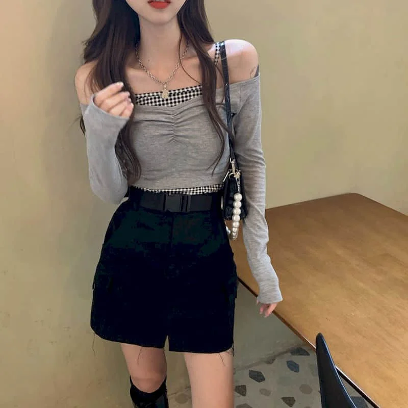 

2021 Summer Spring Autumn Casual Long Sleeve Korean Punk Sweatshirt Shirts for Women Goth Bm Style Sexy Patchwork Inner Vest