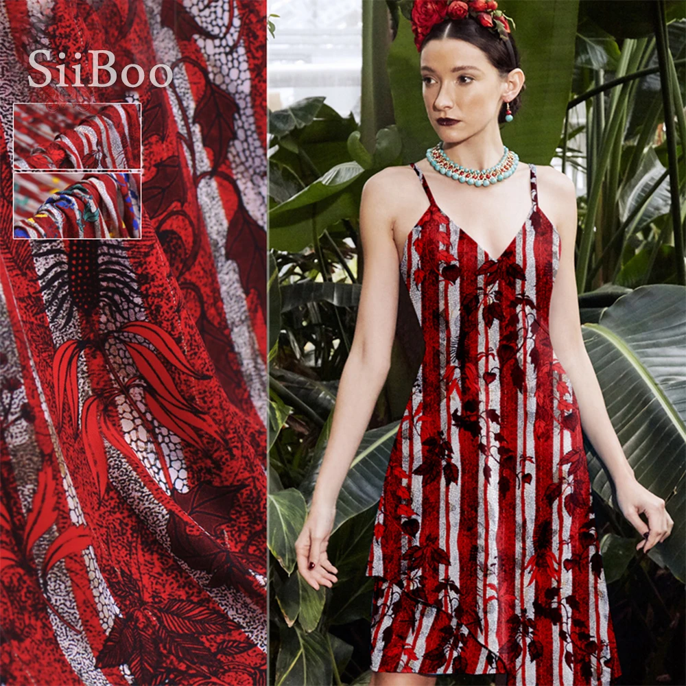 Роскошная красно синяя шелковая ткань стрейч в полоску с растительным принтом