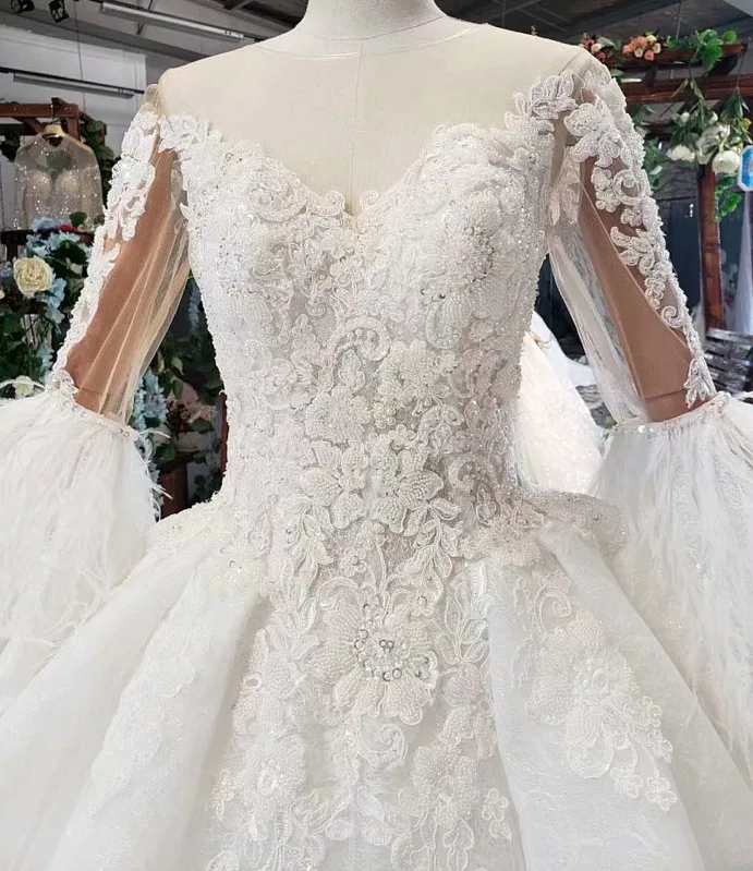 Милое Свадебное платье с длинными рукавами и перьями 2020 бальное размера плюс