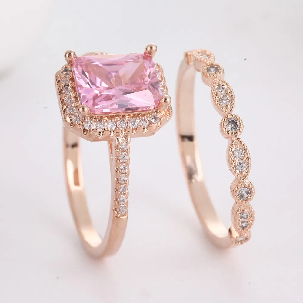 

2pcs Light Pink Stone Rings Set For Women Crystal Wedding Rings for Women Gold Color Engagement Rings Female Wedding Band Gift