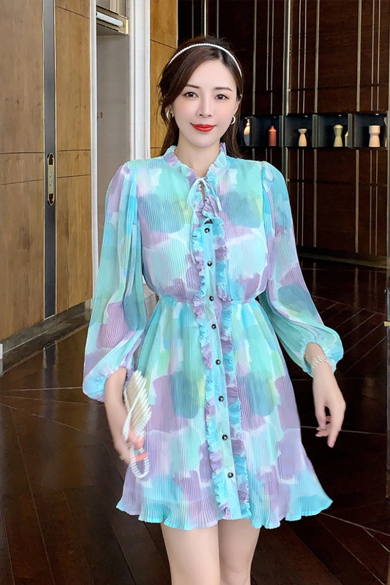 

Romantic Long Sleeve Loose Dress Spring and Summer Ruffled Pleated Short Dress Female Chiffon Puff Sleeve Fashion Dress