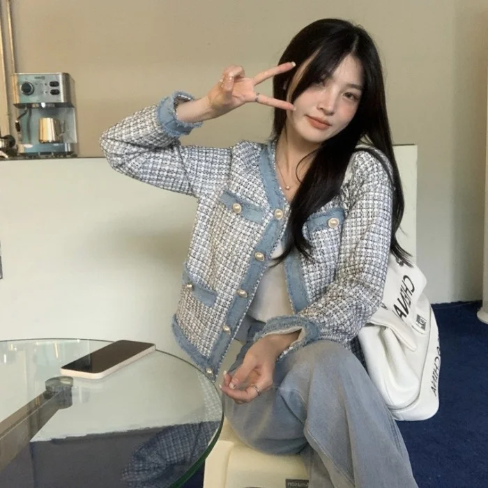 Tweed Tassel Edge Short Stitching Coat 2021autumn Retro Casual Fashion Top Women Rac | Женская одежда