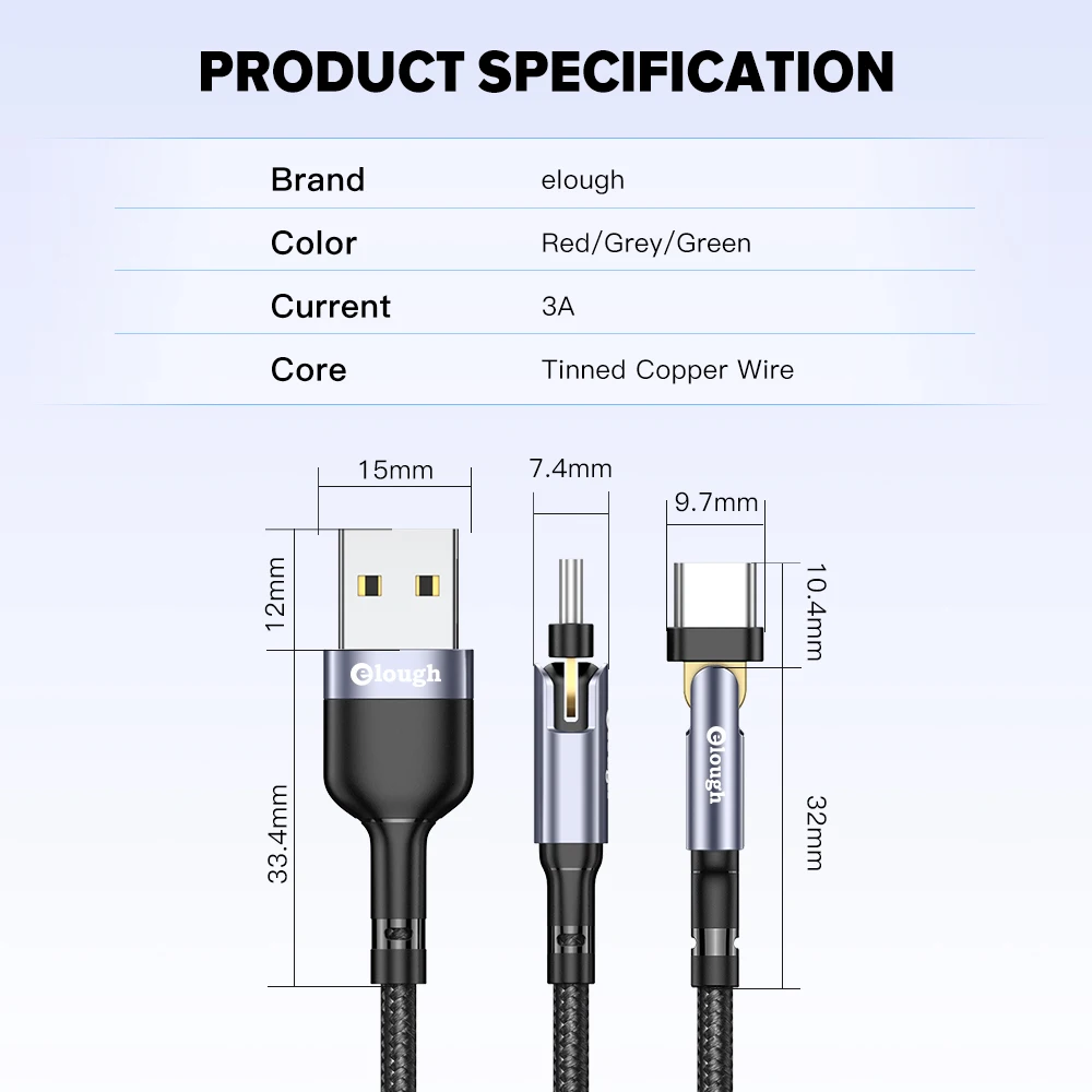 Вращающийся USB-кабель Elough типа C для Huawei Xiaomi Poco 3A быстрая зарядка стандарта USB Type-C