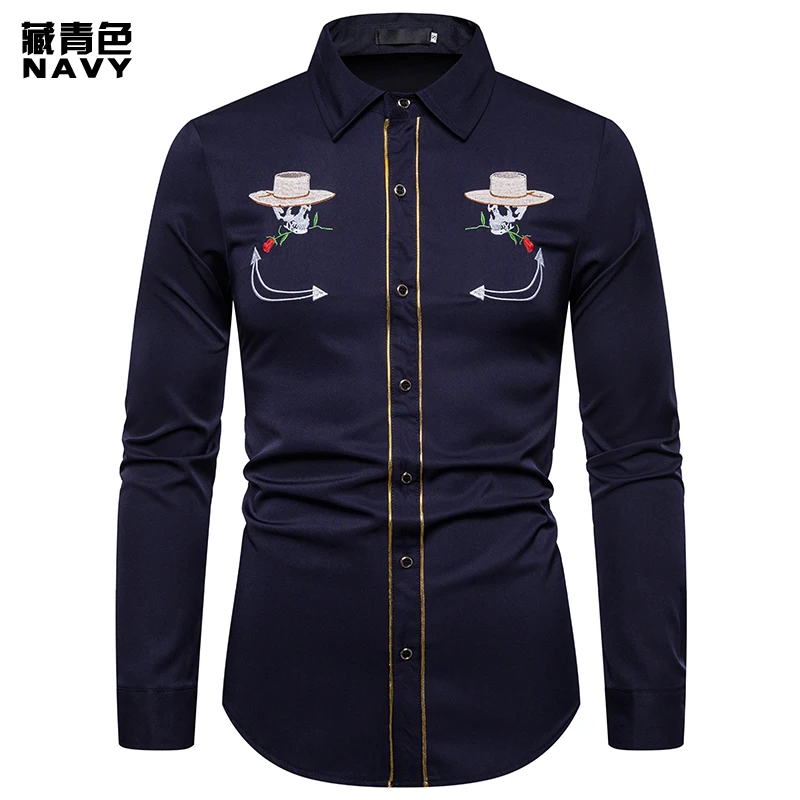 1 Navy Shirt Брендовая мужская рубашка высокого качества с вышивкой черепа, рубашка, приталенная Повседневная ковбойская рубашка с длинными рукавами, европейские размеры, рубашки размера XXL - Цвет: 1 Navy Shirt