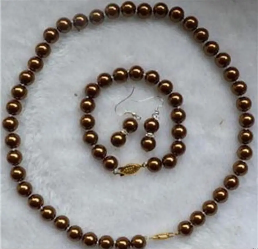 

8mm Chocolate Sea Shell Pearl Necklace Bracelets Earring Set