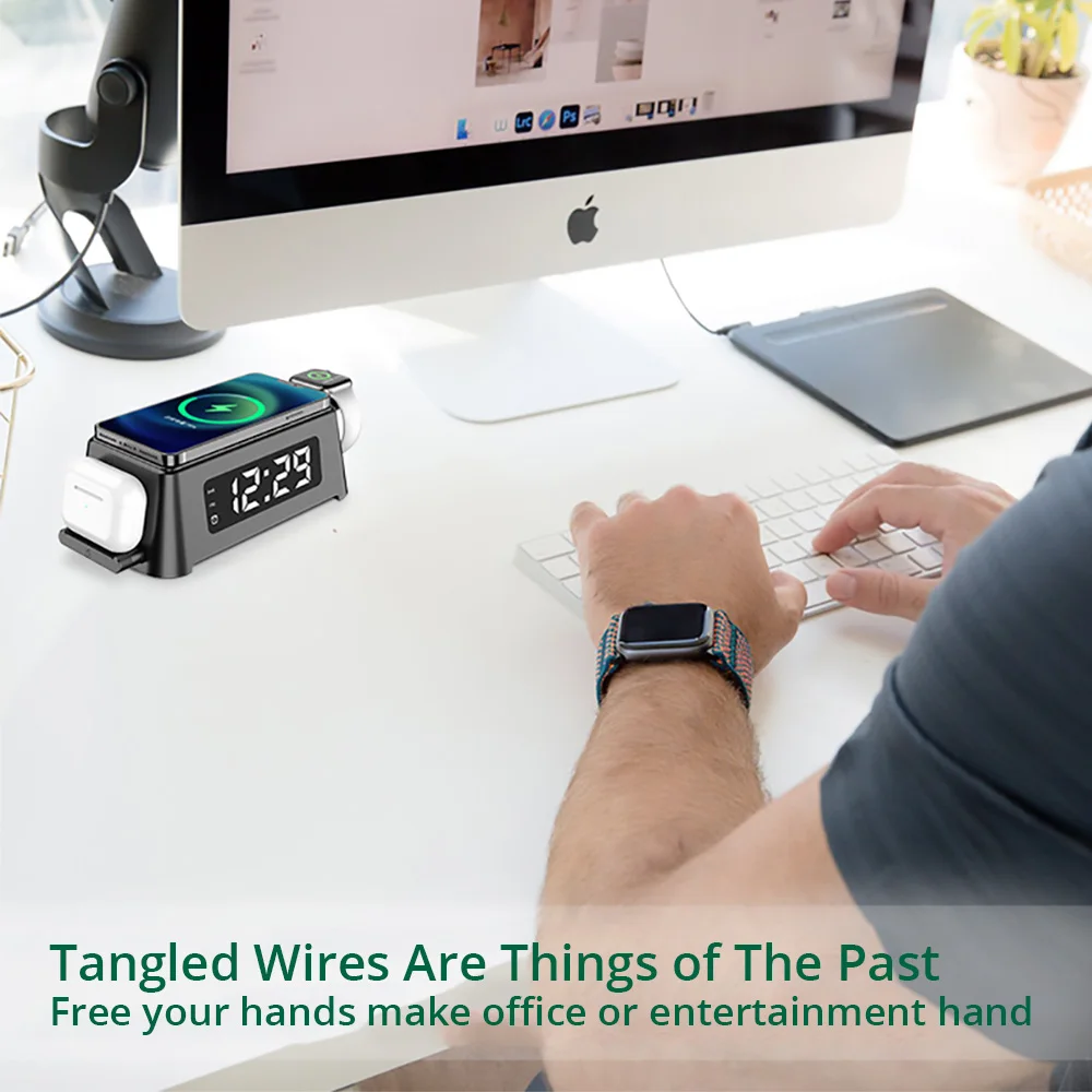 bonola 15w alarm clock wireless charging 4 in 1 for iphone 13 12 pro max fast wireless charger for apple watch 7 6airpods pro free global shipping