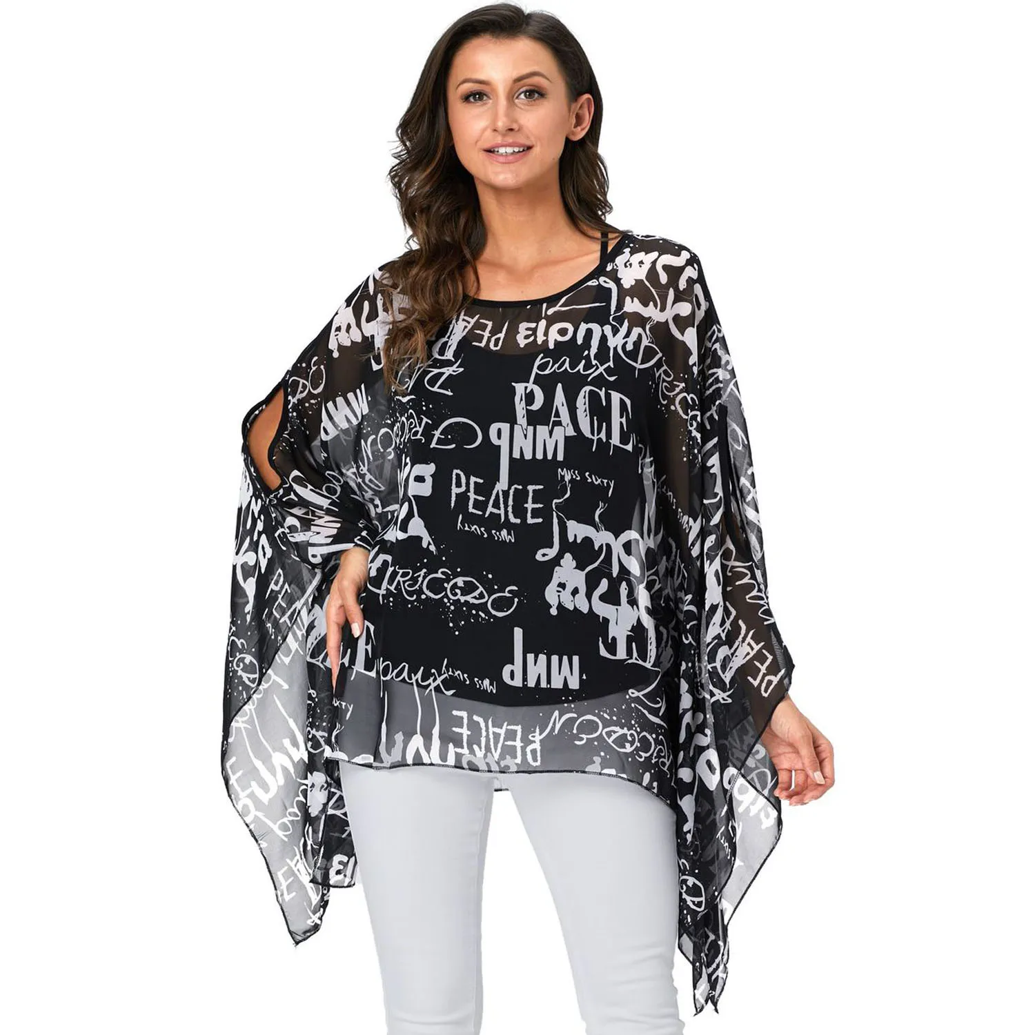 

New Summer chiffon Blouse Batwing Sleeve Casual Women Blouse Printed Letters Chiffon Tops for beach Vacation