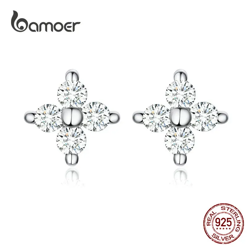 Bamoer, крошечные серьги-гвоздики для девочек из натуральной 925 пробы, серебряные, прозрачные, CZ, серьги-гвоздики в виде цветка, легкие ювелирные изделия для офиса, недели, SCE648