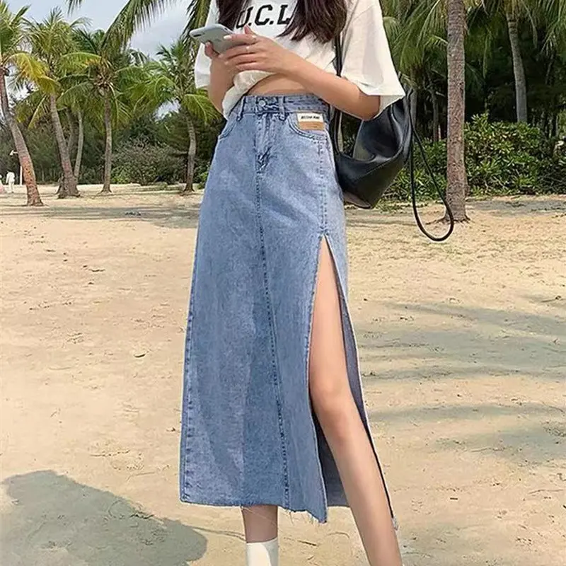 

Hem Single Slits Zipper A-Line Women's Summer Demin Skirt Large Size Streetwear Casual Skirts with High Waist Young Style