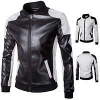 spring autumn mens stand up collar pilot bomber pu leather jacket black white stitching large size faux leather motorcycle coat