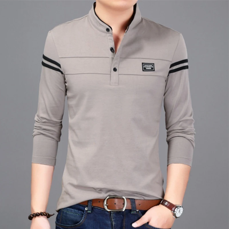 

Men T Shirt Man Long Sleeve Tshirt Men's Clothing Fashion Casual Classic Mandarin Collar T-Shirts Cotton Tops Tees Male Tshirts