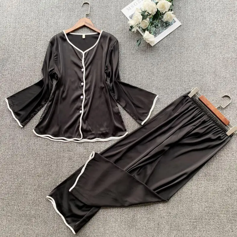 

New Simple Style Women Pajamas Set Spring Long Sleeve Trouser Suits Spring Faux Silk Satin Pyjama Pour Femme Loungewear Homewear