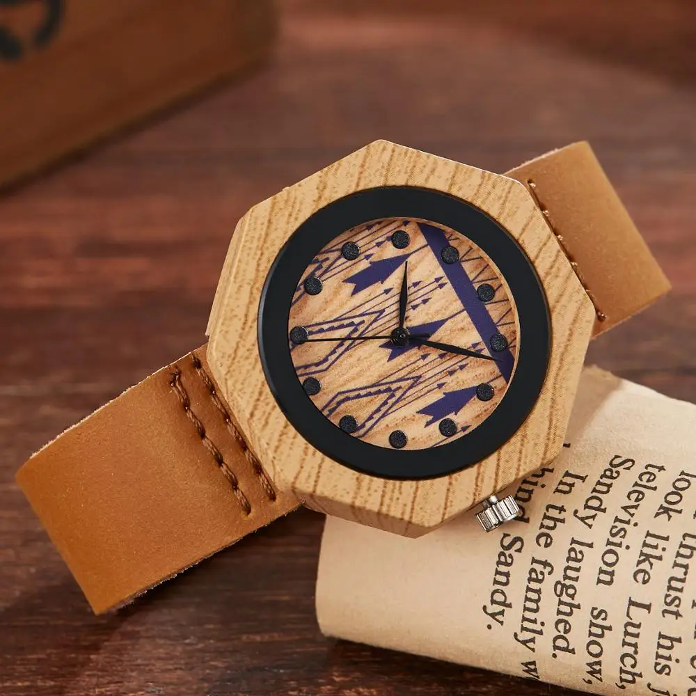 Креативные деревянные часы для молодых женщин кварцевые наручные с кожаным
