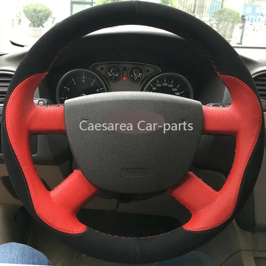 

Custom Made Anti Slip DIY Car Steering Wheel Cover Black Suede Red Leather for Ford Focus 2 2005-11