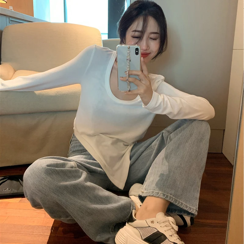 

Irregular Top Women Split Long-sleeved Summer Shirt 2021 New Loose Bottoming Shirt White T-shirt