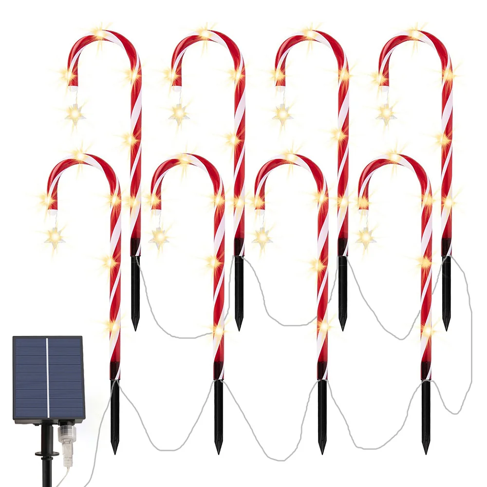 Guirnalda de luces LED de Navidad para exteriores, L&aacute;mpara decorativa de 48cm con forma de estrella de energ&iacute;a Solar, copo de nieve, bast&oacute;n de caramelo para jard&iacute;n y c&eacute;sped, 8 unidades-0