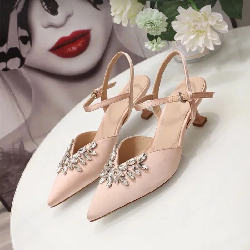 

Women Sweet Pointed Toe Pink Pumps Crystal Decro Bling Slingback Strange Heel Female Shoes Ladies Shallow Buckle Strap Sandals