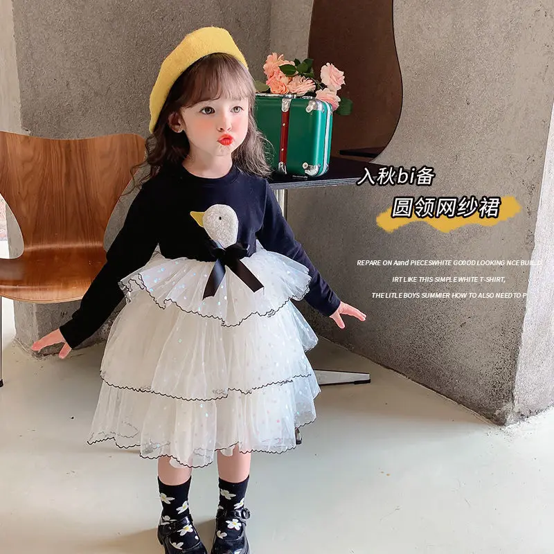 

Girls' long sleeve dress autumn new girls' Korean mesh skirt children's spring and autumn pure cotton exotic princess skirt