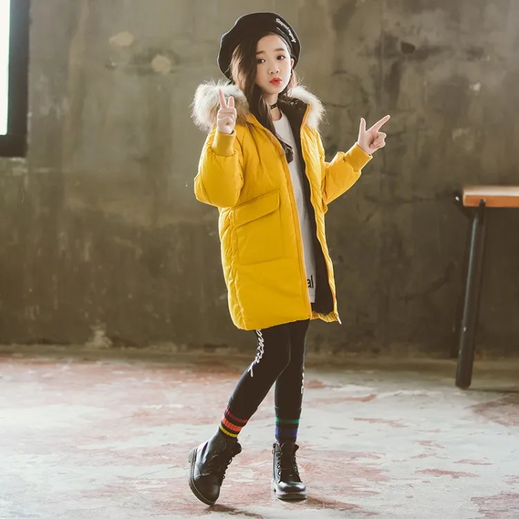 Fashion Children Winter Down Cotton Jacket Girl Clothing Kids Clothes Warm Thick Parka Fur Collar Hooded Long Coats Outfits