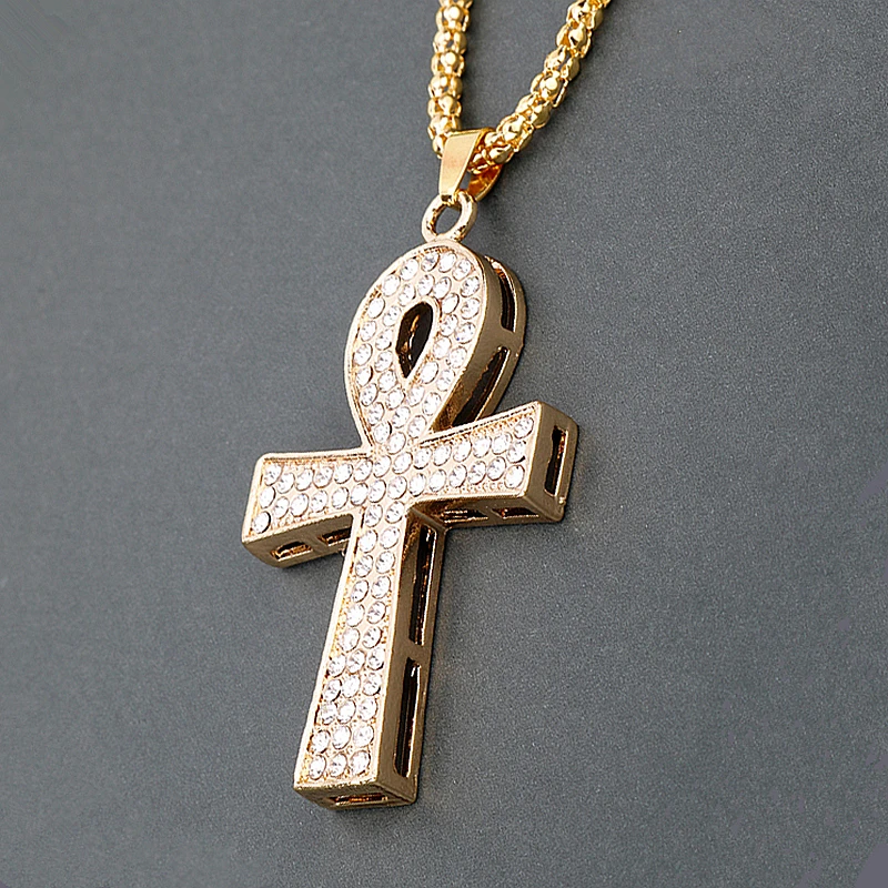 

Necklace Jewelry Religion Egyptian Ankh Crucifix Rhinestone Pendant Necklace Long Chain Symbol of Life Iced Out Accessories