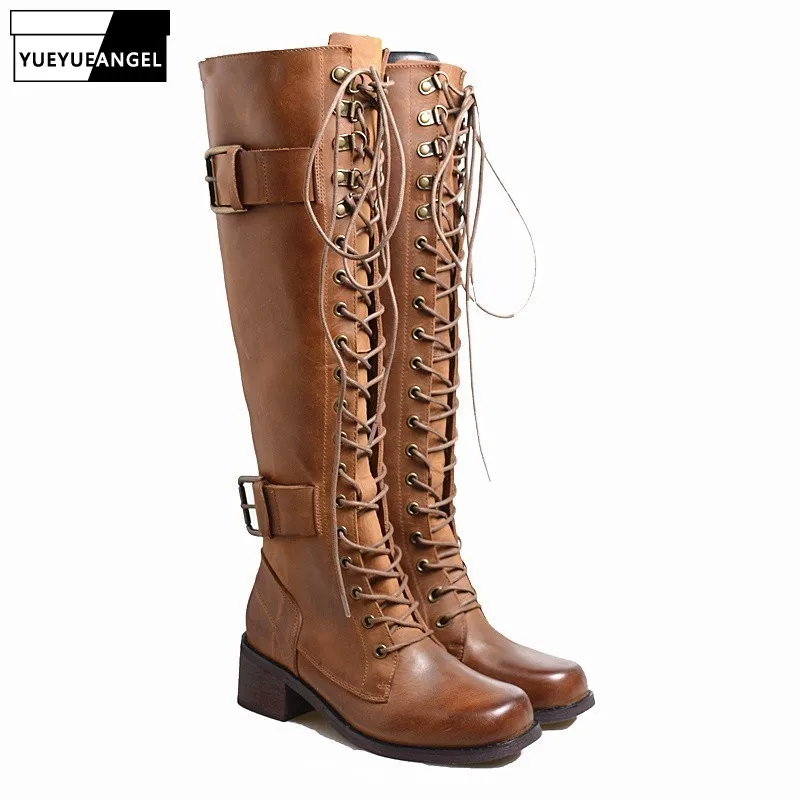 100% Сапоги выше колена из натуральной кожи женские винтажные коричневые сапоги до