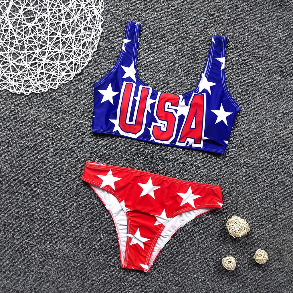 

Сексуальный дизайн флага США, женский купальник бикини, бандажный купальник с принтом американского флага, пляжная одежда, комплект из 2 пре...