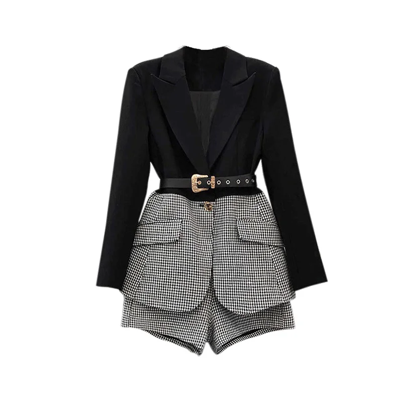 

Korean Patchwork Plaid Two Piece Set For Women Lapel Long Sleeve Sashes Blazer Wide Leg Shorts Casual Sets Female