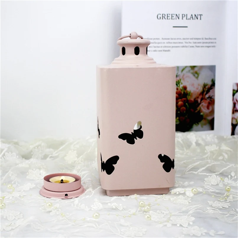 Американский подсвечник из кованого железа розового и зеленого цветов с металлическим фонарем для домашнего декора и мягкой ветрозащитой 30O16.