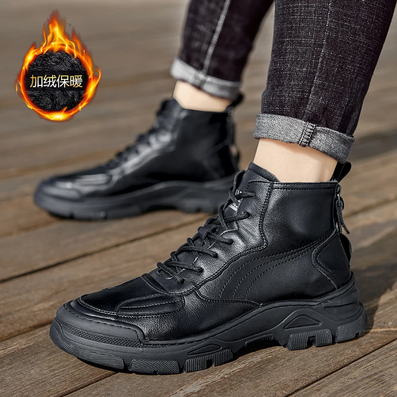 

Popular Men Military Ankle Boots Black Tactical Boots For Mens Leather Men Motorcycle Boots Winter With Fur Men High Top Shoe
