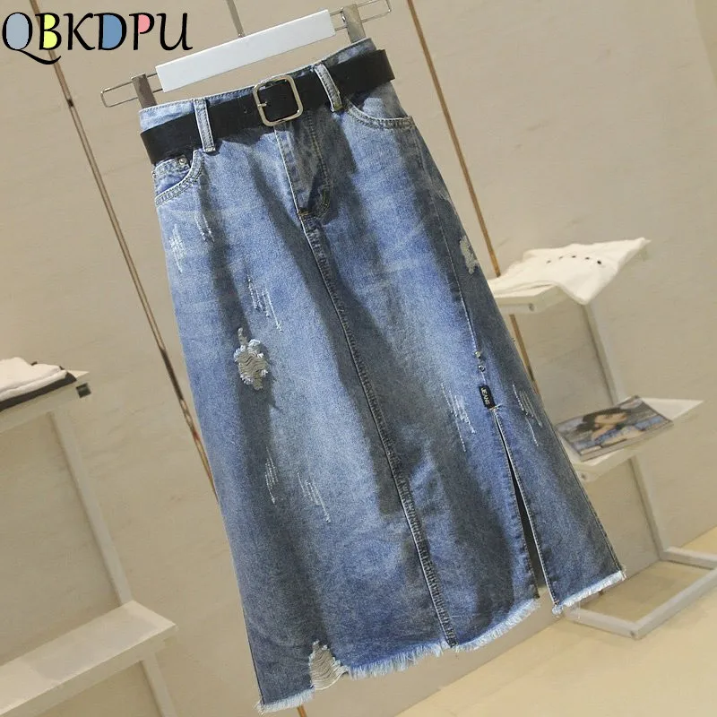 Женские рваные джинсовые юбки с поясом большие размеры средней длины