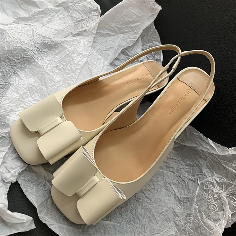 

ANNYMOLI Slingbacks Women Shoes Genuine Leather Mid Heels Shoes Square Toe Butterfly Knot Thick Heel Ladies Pumps Spring White