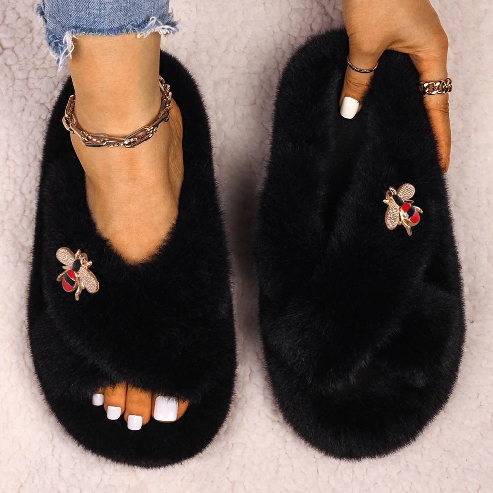 Fluffy Faux Fur Shoes Furry Women Flat Slippers Shining Crystal Rhinestone Insect Indoor Slides Winter Warm Home Flip-Flops