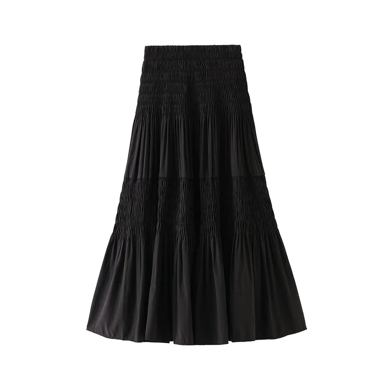 

Summer Solid Elastic Waist Long Pleated Skirt Women 2020 Spring Mid-length Solid Long Skirts Womens Fashion Mid Black Skirts
