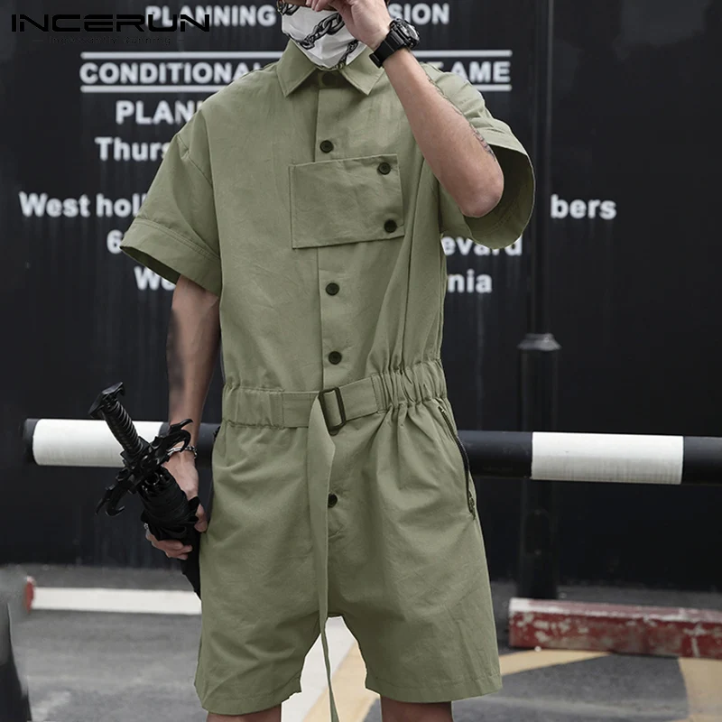 

Men Rompers Solid Color Loose Lapel Short Sleeve Button Jumpsuit Streetwear 2021 Fashion Casual Men Cargo Overalls S-5XL