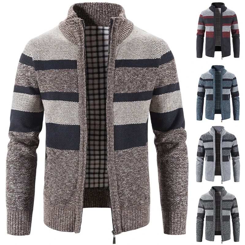 Mens Sweater Winter Cardigan 2023 Striped Zipper Up Clothing Knit Trend Patchwork Fleece Thick Warm Jacket Casual Y2K Clothing