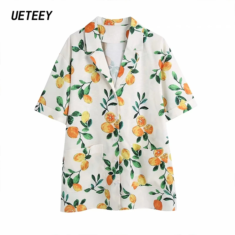 

Women's Shirts Beach Short Sleeves Floral Printed Vintage Blouses Oversize Loose Button Casual Tops Summer Za TRF Mujer Blusas