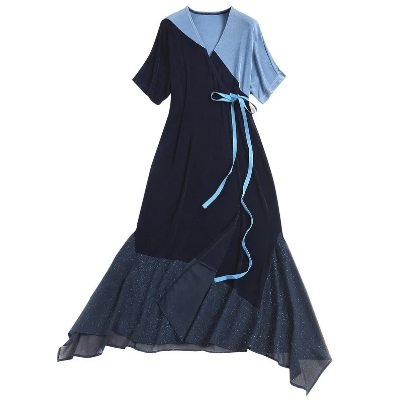 

Patchwork Sequined Dress Women V Neck Short Sleeve High Waist Irregular Hem Dresses Female 2020 Fashion Clothes Tide