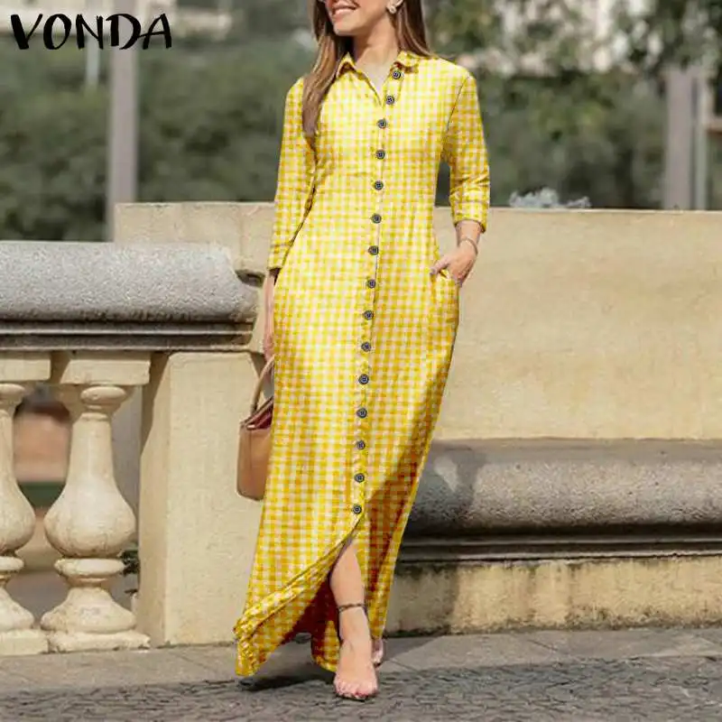 

VONDA Vintage Women Long Sleeve Long Maxi Dress Casual Checked Plaid Turn Down Neck Shirt Dresses Bohemian Button Vestidos Robe