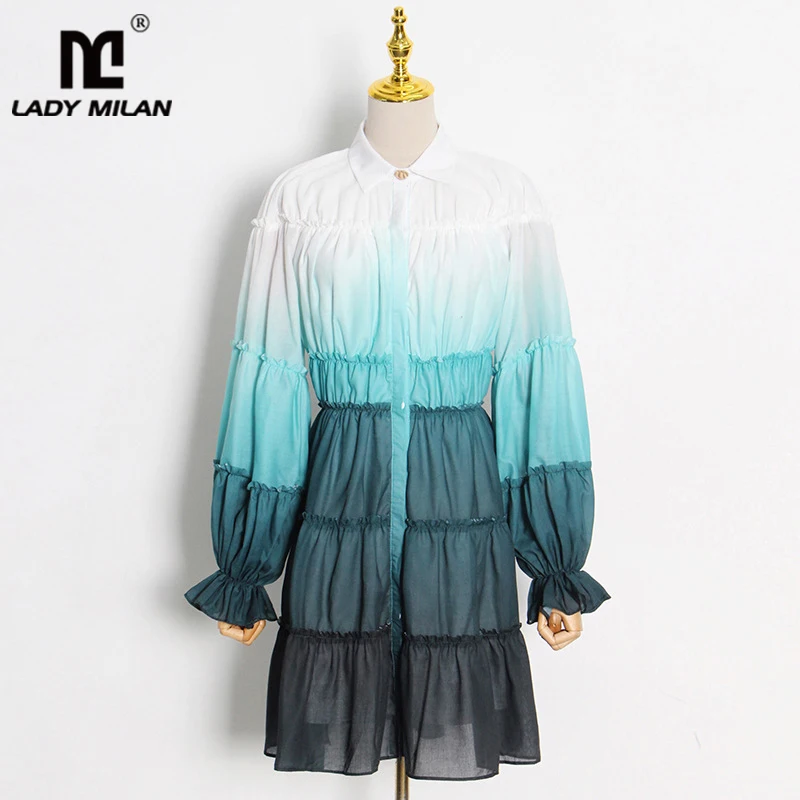 

Женское модельное платье с отложным воротником, короткие платья с длинным рукавом и многоярусными выцветающими цветами