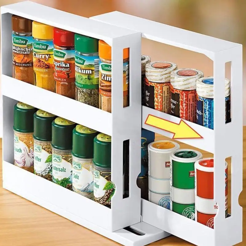 

2-layer Rotatable Push-pull Storage Organizer Condiment Bottle Rack Storage Rack Seasoning Storage Box Rotating Seasoning Rack