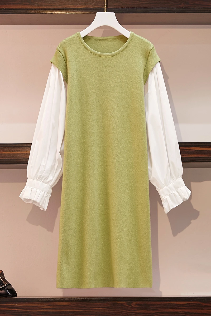 

Large-size Women's Dress Fall 2019 New Fat Slim Slim And Slim Floor Lantern Sleeve Stitching Knitted Dresses