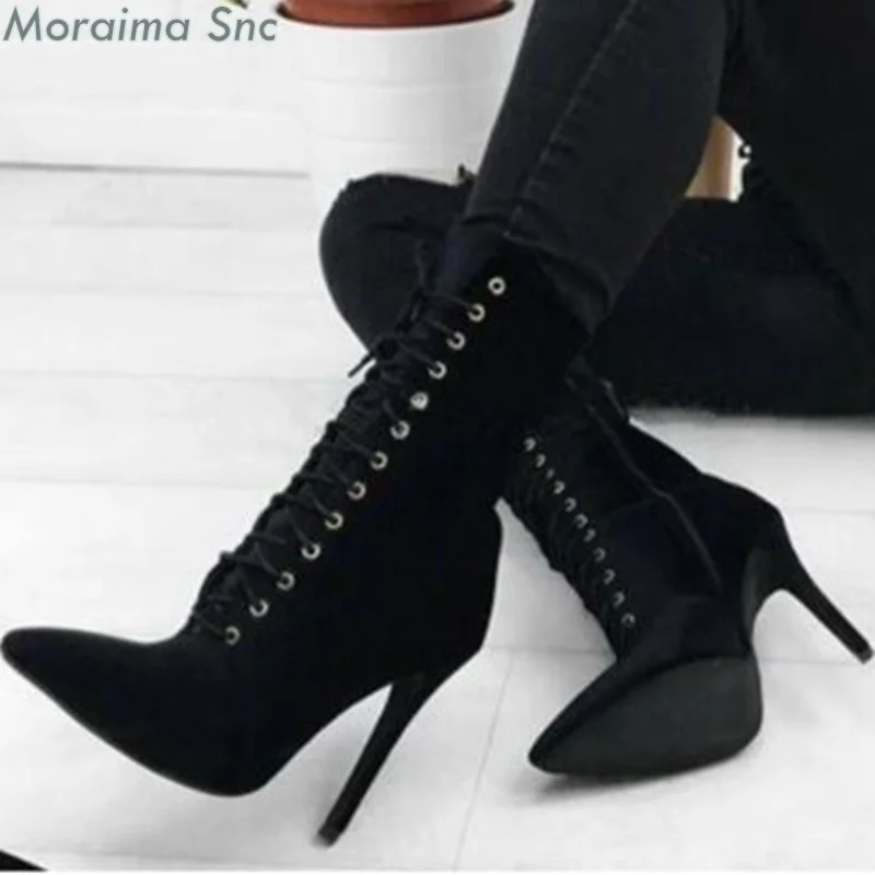 

Fashion Women Suede Ankle Boots Lace Up Stilettos Black Sexy High Heels Short Booties Pointed Toe Shoes Chaussure Femmes Botas