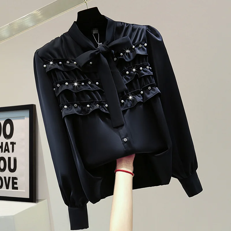 

Solid Ruffles Bow Collar Diamonds Beading Shirt Women 2021 Korean Autumn Long Sleeve Blouse Fashion OL Elegant Tops Black White