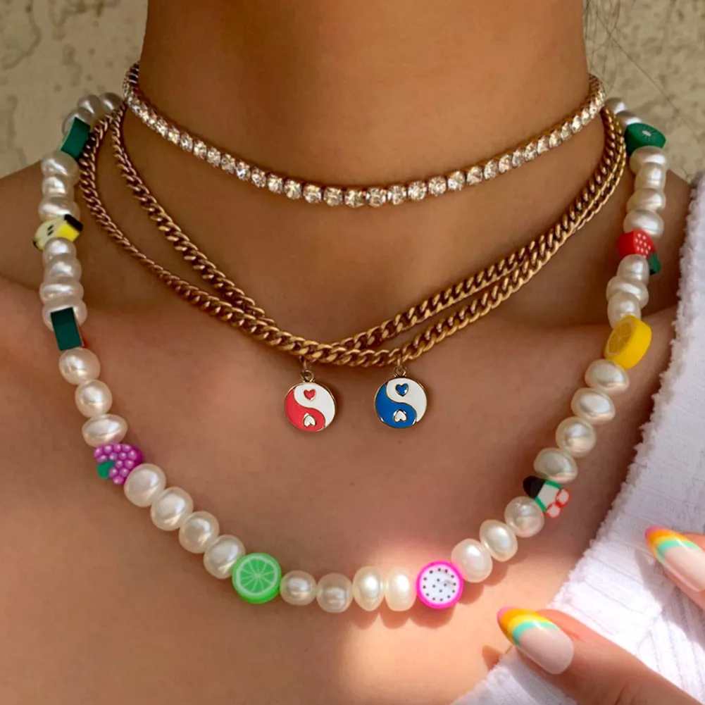 

Multilayer Sweet Fruit Imitation Pearls Beaded Necklace For Women Gold Color Metal Chain Crystal Collar Necklace Fashion Jewelry