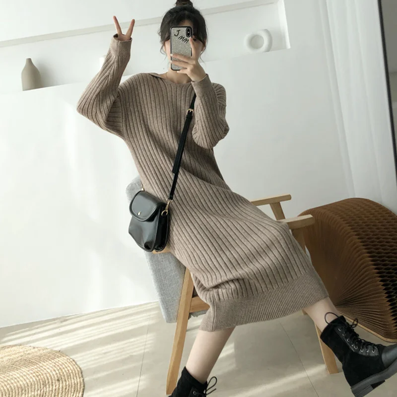 

Female Robot Femme 2021 Dress in Nightgown Long-knit Korean Winter Elegant Loose with Hood Casual Dress