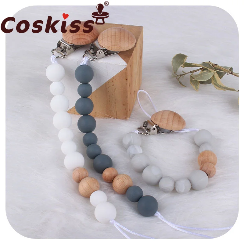 

Coskiss Custom Baby Pacifier Clip Silicone Beads Beech Wooden Clip Pacifier Chain Chew Baby Teether Toys Baby Molar Products