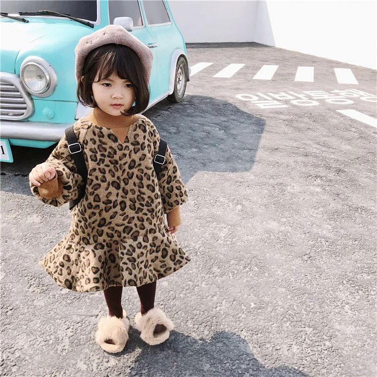 Winter Korean style fashion girls Leopard grain woolen mermaid dresses 1-6 years kids baby thicken long sleeve warm dress | Детская