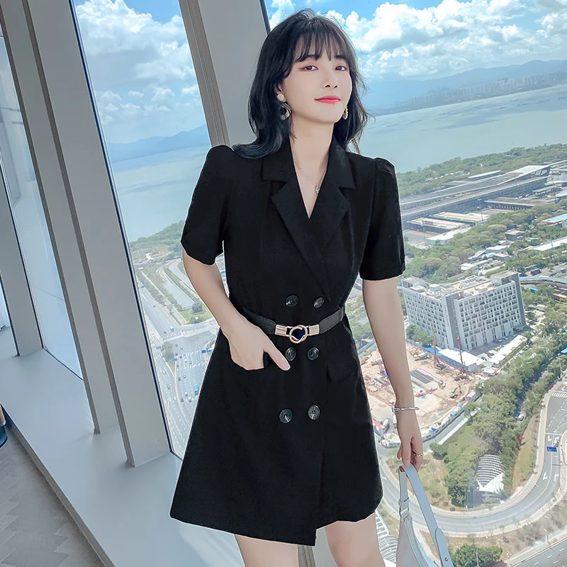 

Summer Dress Women Temperament Blazer Dress With Belt 2021 Fashion Double Breasted High Waist Mini Vestidos Korean Office Robes