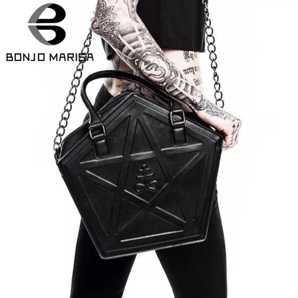

BONJOMARISA INS, модная черная крутая сумка в готическом стиле для косплея с пентаграммой и цепочками, сумки на плечо