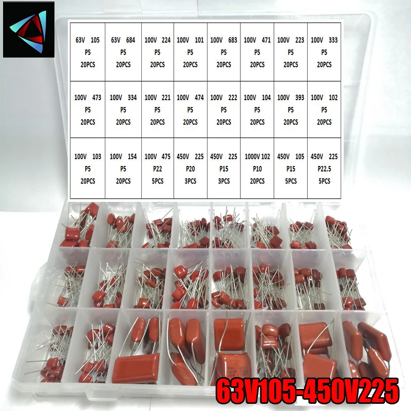 63V105 450V225 401 шт./кор. 24 типа 10NF 68NF 63V 100V 450V 1000V CBB на металлической пленке набор